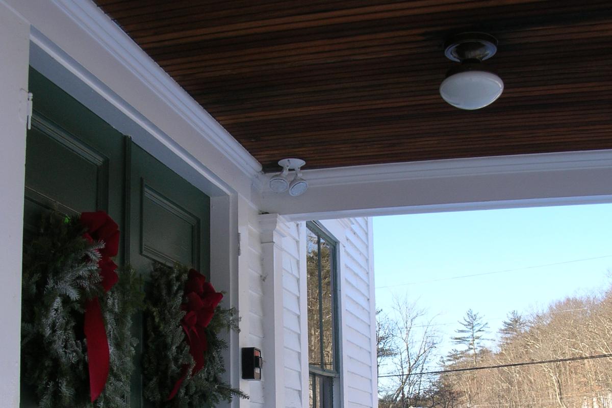 The original light fixture on the porch was also refinished.  Emergency lighting is simple in design and unobtrusive.